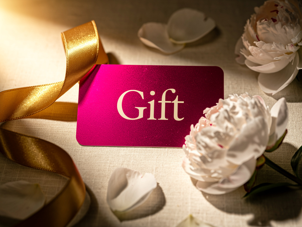 Bravo MedSpa gift card with peony petals and gold ribbon