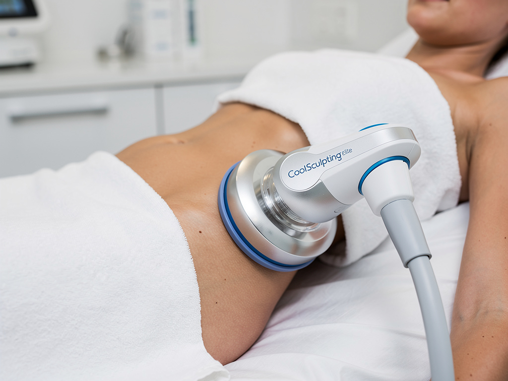 CoolSculpting Elite applicator on a woman's abdomen at Bravo MedSpa Connecticut