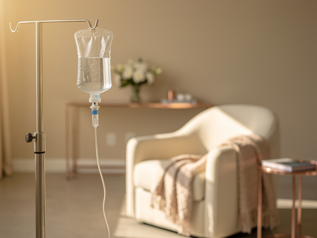 IV hydration drip bag in a calming wellness room at Bravo MedSpa