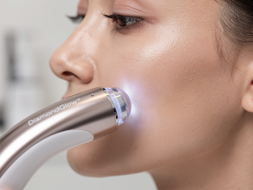 DiamondGlow facial treatment wand gliding across a woman's cheek at Bravo MedSpa